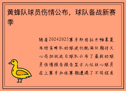 黄蜂队球员伤情公布，球队备战新赛季